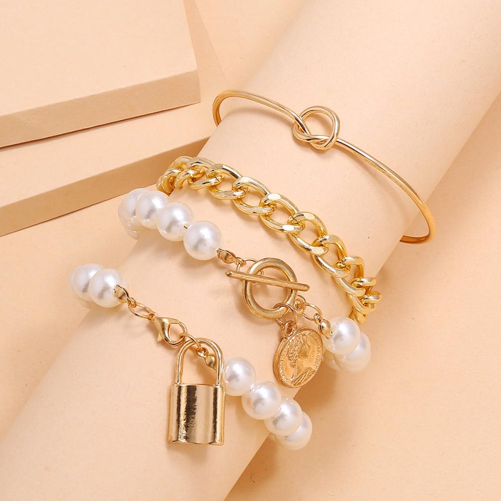 Punk Gothic Imitation Pearls Lock Bracelets Female Knot Flower Bracelet Bangles for Women