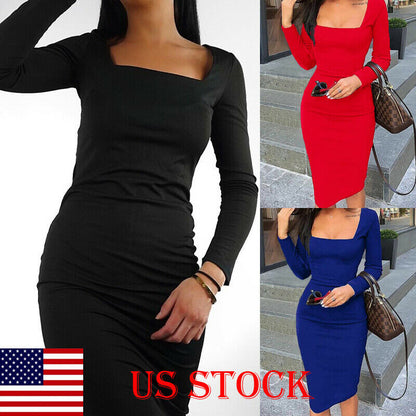 Elegant Dress Women Long Sleeve Bodycon Dress Ladies Autumn Casual Dress Party Dress Xmas Warm Cotton Winter Dress hot