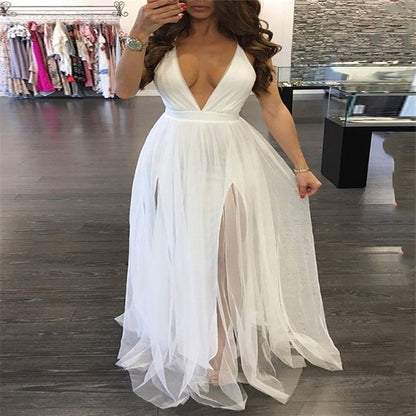 V-neck Tulle Tutu Long Maxi Dress Sleeveless Backless Evening Party Beach Sundress White Blue