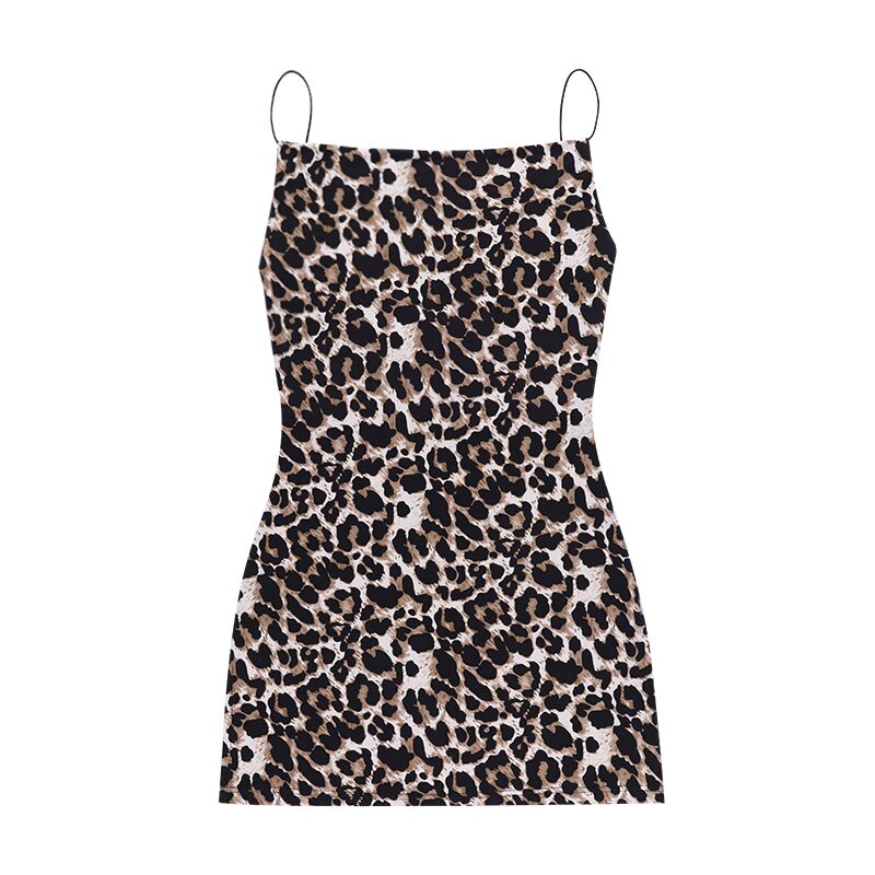 Sexy Backless Leopard Sundress Women Spaghetti Straps Mini Dress Summer Fashion Sling Slit Hem One Piece Dress Party Clubwear
