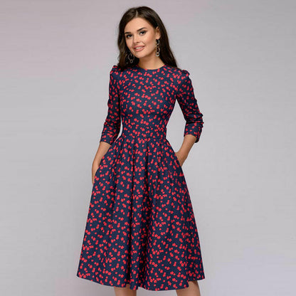 Vintage pleated tunic print dress women Elegant ladies A line dresses Long sleeve female autumn mixi party dress vestidos