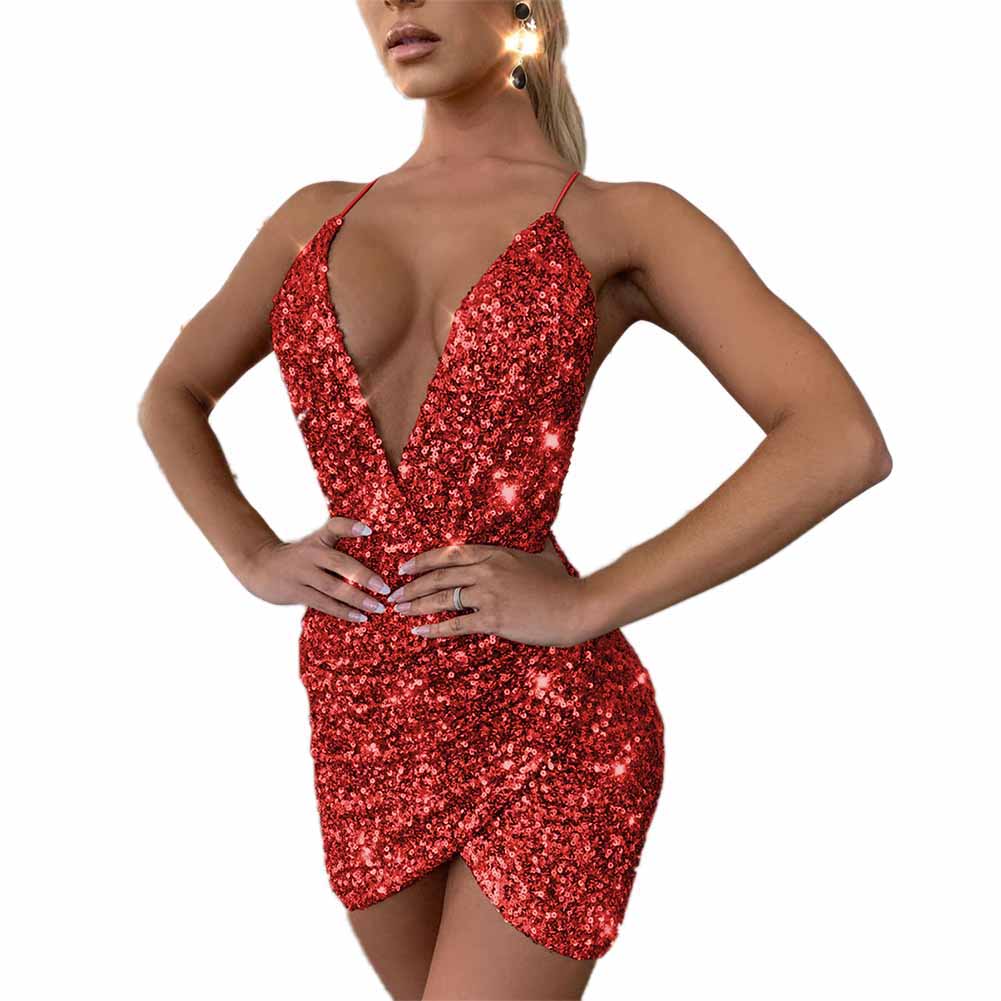 Women's Spaghetti Strap Deep V Neck Sequins Glitter Short Dress