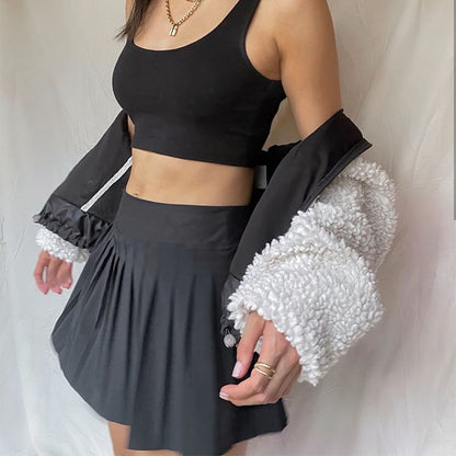 A-line fresh high waist miniskirt With leggings solid color Ruffle casual skirt Campus style skirt summer clothes vintage bag