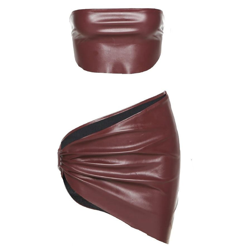 Faux Leather PU Cube+Skirt Matching Two Piece Set Women Sexy Crop Top Asymmetrical Mini Skirt Hot Club Party Wild Clothing