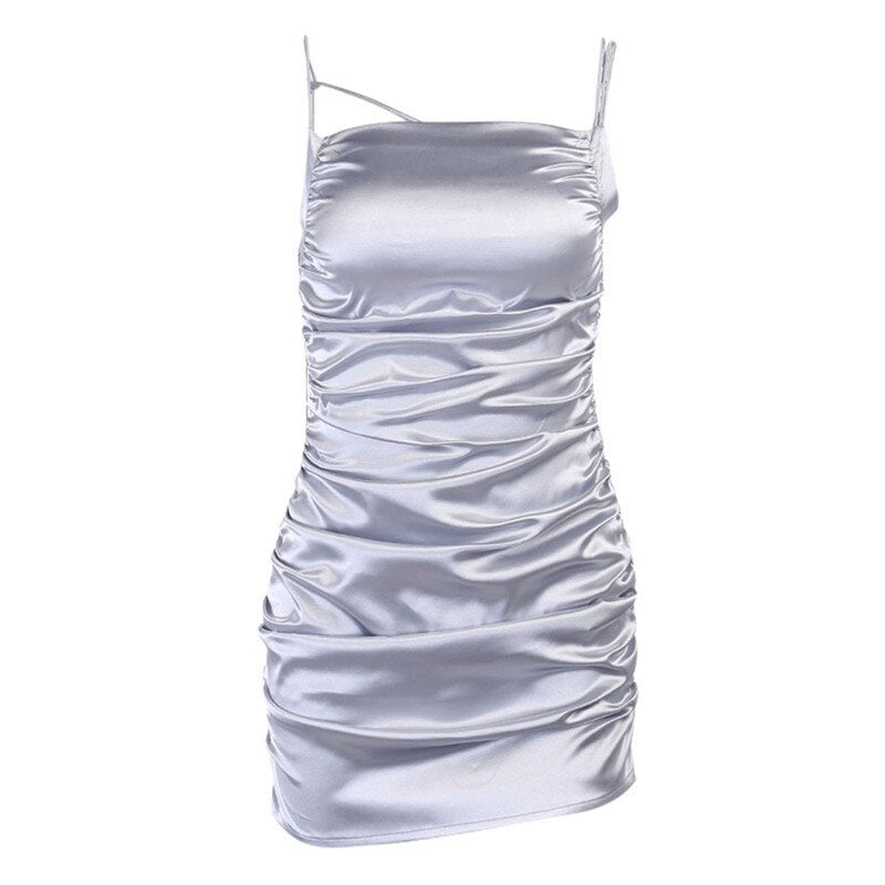 2020 Satin Silk Women Mini Dress Spaghetti Strap Summer Pleated Dress Seleeveles Silver Party Dresses Bodycon Bandage Dresses