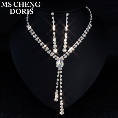 Water Drop Rhinestone Long Pendant Full Crystal Silver Plated Necklace &amp; Earrings Elegant Bridal Wedding Jewelry Set