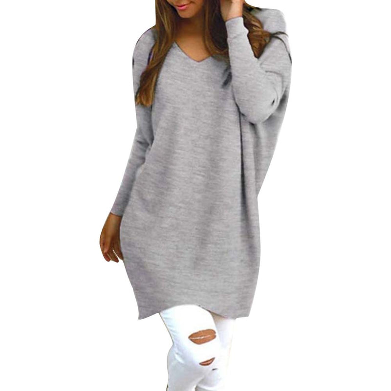 V Neck Long Sleeve Tunic Pullover Loose Knitted  Solid Color Women's Sweater