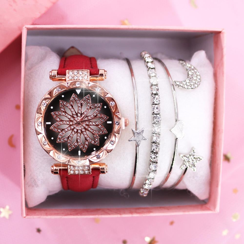 Ladies Watch Bracelet Set With Box Leather Strap Quartz Wristwatch Diamond Watches