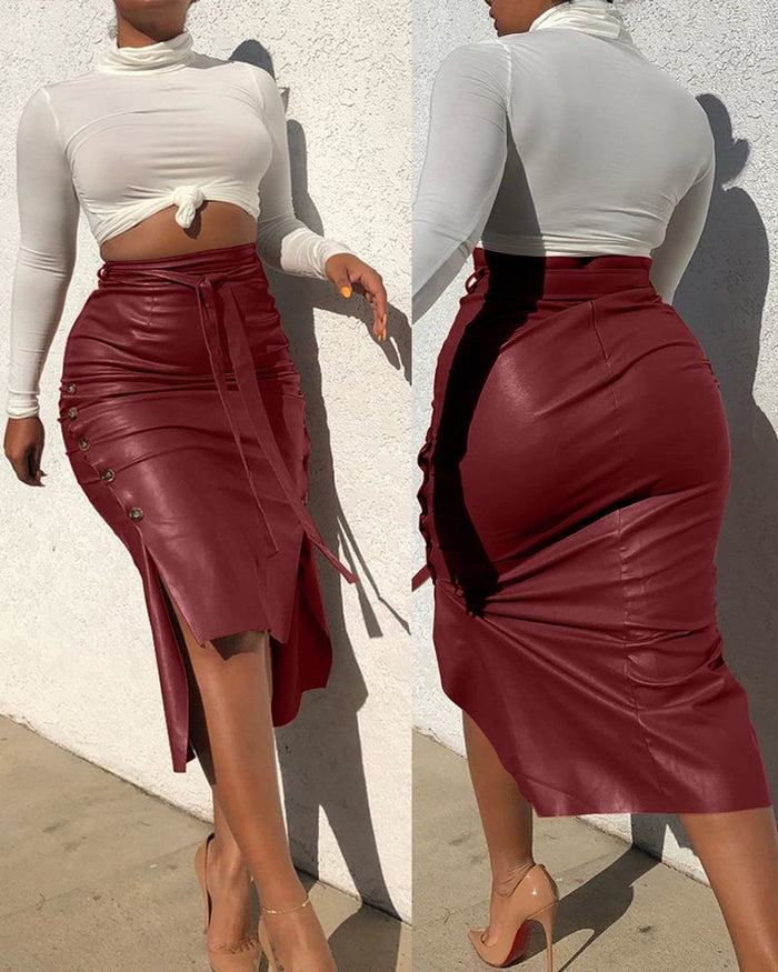 High Waist Lace-up Side Button Slim Skinny Pencil Skirt