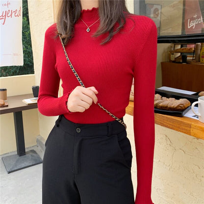 Turtleneck Ruched Women Sweater High Elastic Knitted Pullovers