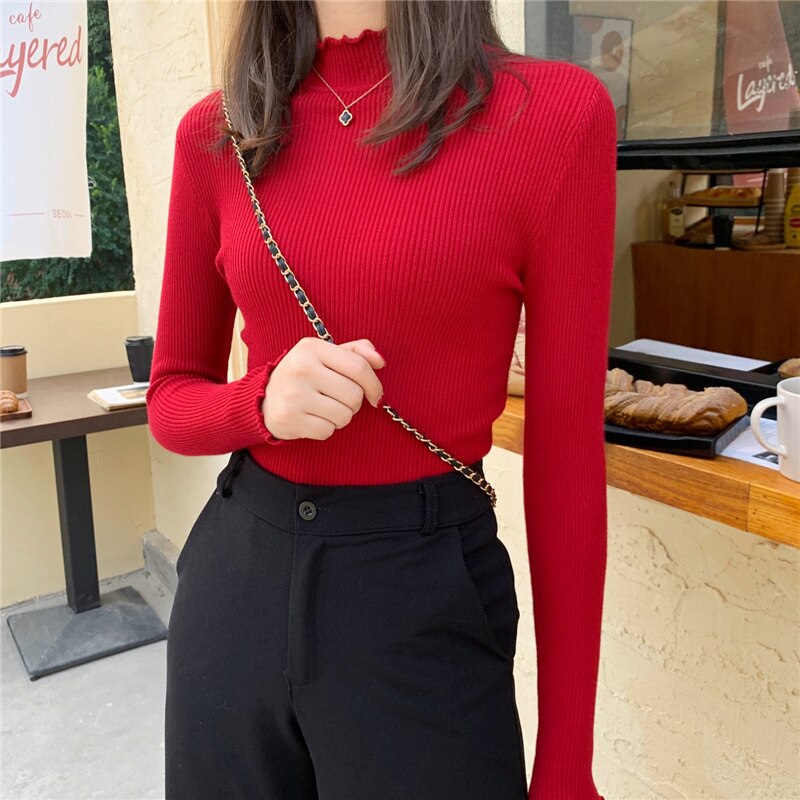 Turtleneck Ruched Women Sweater High Elastic Knitted Pullovers