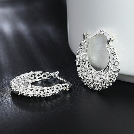 925 Silver Weave Hollow Moon Hoop Earring For Women