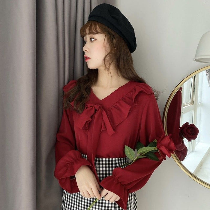 Shirts Womens Retro V-Neck Elegant Bow Knot Flare Sleeve Kawaii Solid Blouses 2020 New Autumn Korean Style Loose Leisure Daily