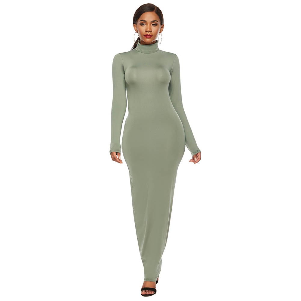 S-5XL Plus Size Party Solid Color Women Long Sleeve Turtleneck Bodycon Maxi Dress Autumn Winter Slim Sexy Dresses Apricot/Black/