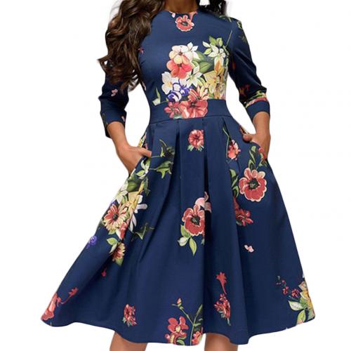 Fashion Women Dress Elegant Fashion Floral Print 3/4 Sleeve Round Neck A-line Slim Fit Ruched Prom Evening Party Dress Plus Size