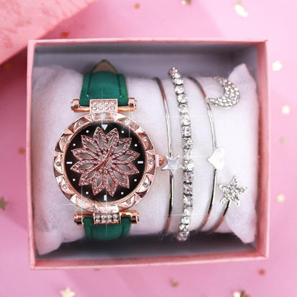 Ladies Watch Bracelet Set With Box Leather Strap Quartz Wristwatch Diamond Watches