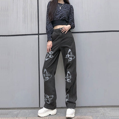 Women&#39;s High Waisted Jeans Butterfly Print Straight Wide Leg Denim Pants Baggy Loose Casual Trousers Streetwear