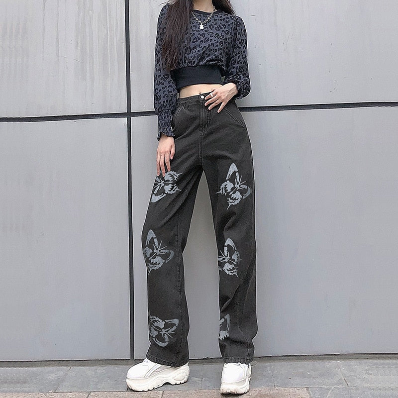 Women&#39;s High Waisted Jeans Butterfly Print Straight Wide Leg Denim Pants Baggy Loose Casual Trousers Streetwear