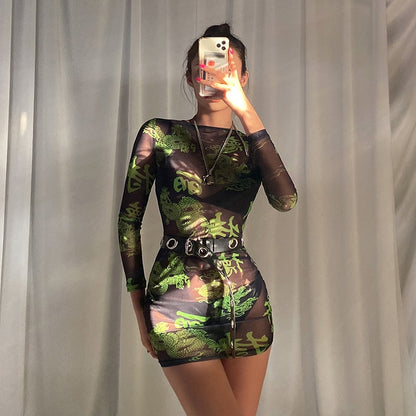 Woman Sexy See-through Mesh Fabric Streetwear Fashion Character Print Slim Mini Dress Spring Long Sleeve Bar Club Outfit Mujer