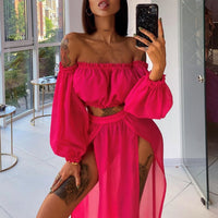 Mesh Sheer See-through Long Sleeve Crop Tops and Cover Up Skirts Two Piece Swimwear Beach Dress