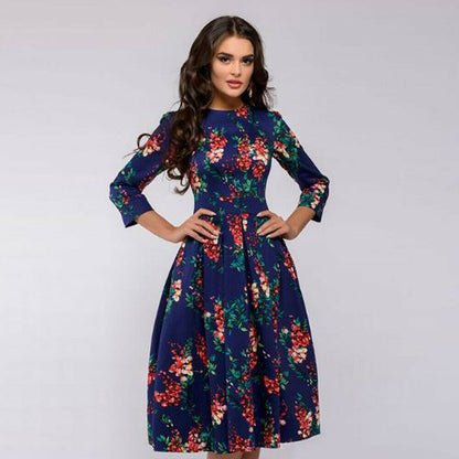 Spring AutumnOffice Lady Knee Length Elegant Vintage Long Sleeve Party Dresses Women Floral Printed Dress