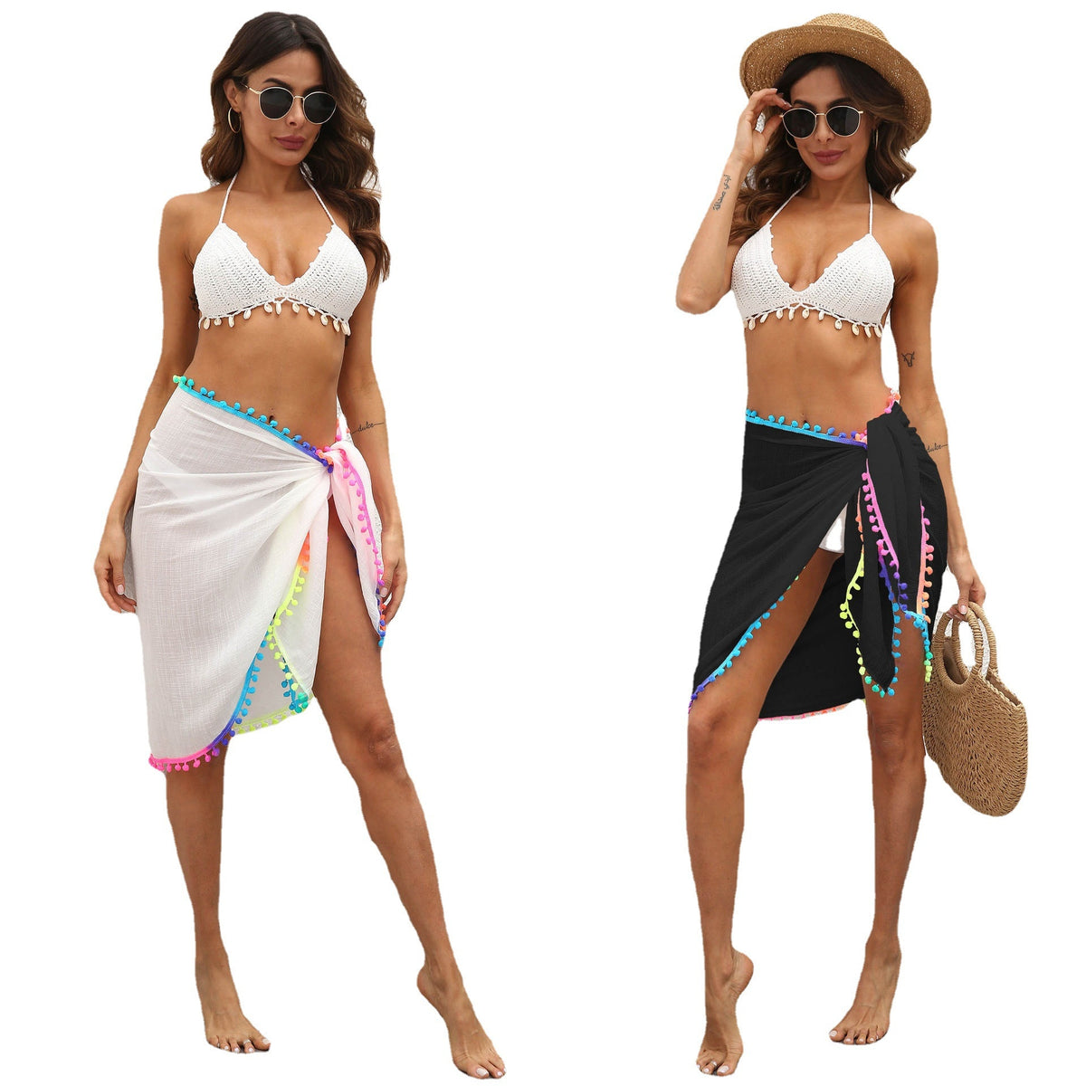 Women Colorful Tassel Chiffon Scarves Swimsuit Bikini Cover Up Sexy Skirt One Piece Irregular Scarf Female Sarong Beach Wear