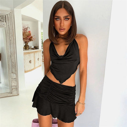 Summer Solid Sexy Two Pieces Sets Women Suits Fashion Halter Lace Up Crop Top And High Waist Skirt Matching Set Women