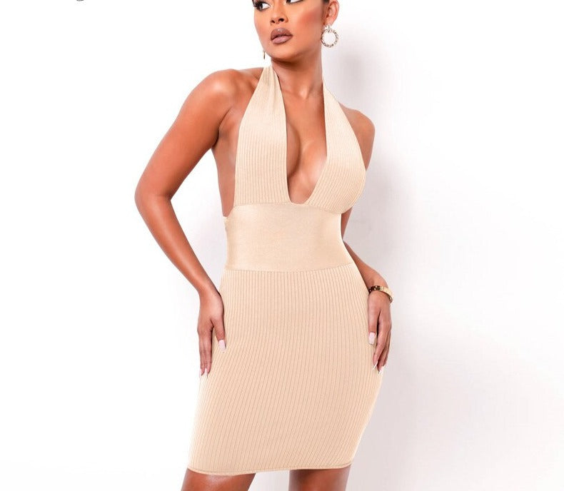 Solid Ribbed Knitted Stripe Women Halter Midi Dress Backless Patchwork Bodycon Sexy Party Elegant Club 2021 Summer Club