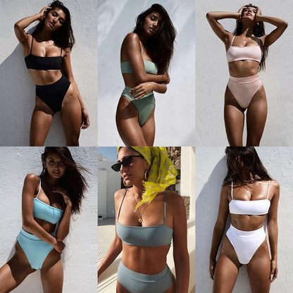 Solid Push Up Bikini Padded Bra Straps High Waist Swimsuit Female Swimwear Women