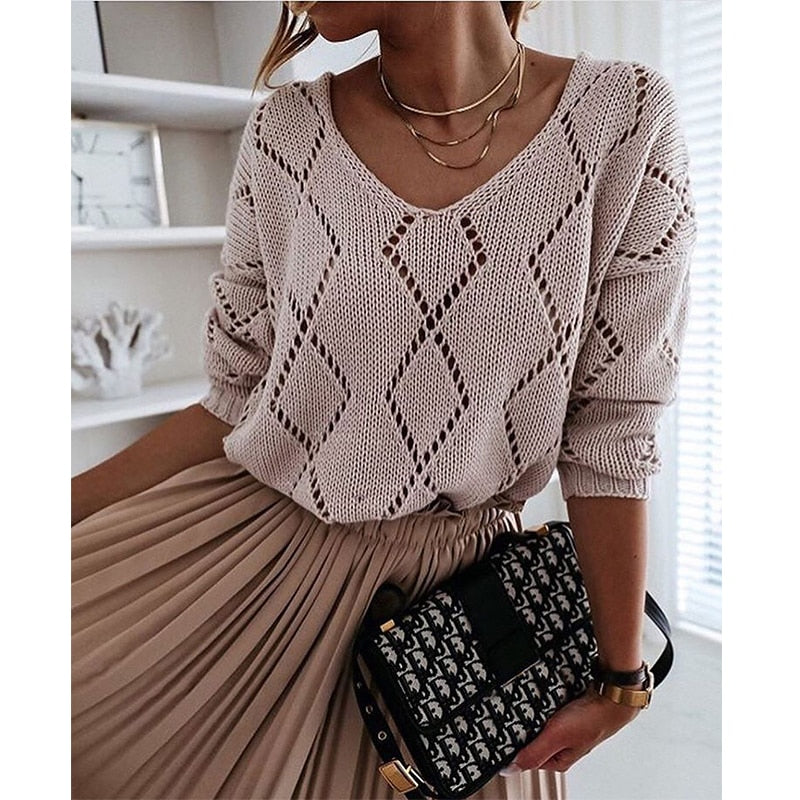 Women Long-sleeved Knit Sweaters Office Lady V-Neck Hollow Loose Jumper Pullovers
