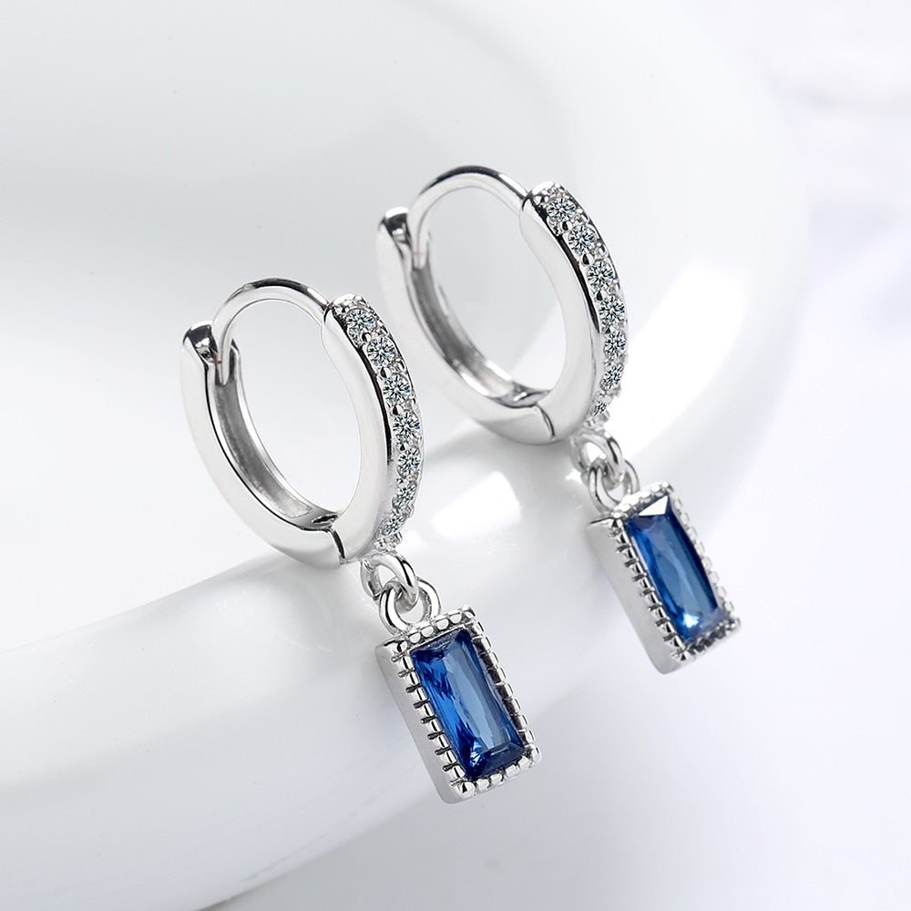 925 Sterling Silver Simple Blue Crystal Zircon Mid-length Tassel Earrings