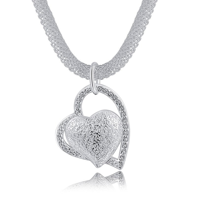925 Sterling Silver 18 Inch Double Heart Pendant AAA Zircon Necklace For Women