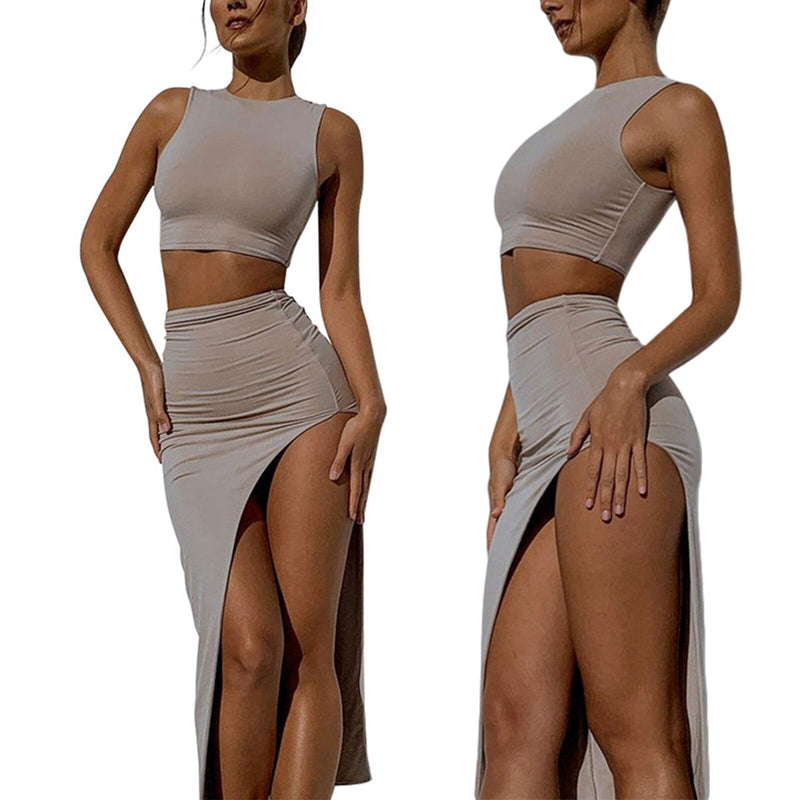Women Sexy Two-piece Clothes Set, Solid Color Round Collar Vest and High Waist Split Long Slit Skirt