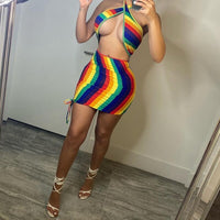 Sexy Rainbow Striped Tie Dye Halter Bodycon Dress Backless Women&#39;s Boobs Wrap Pencil Mini Dresses Party Night Clubwear Summer