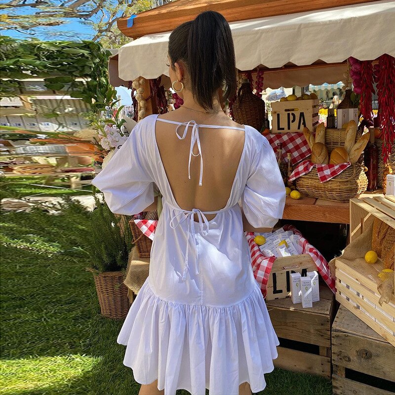 Beach Backless Tie-up Ruffles A-line Bodycon Sundress Elegant White Mini Dress Boho Short Puff Sleeve Summer Clothes Bridesmaid