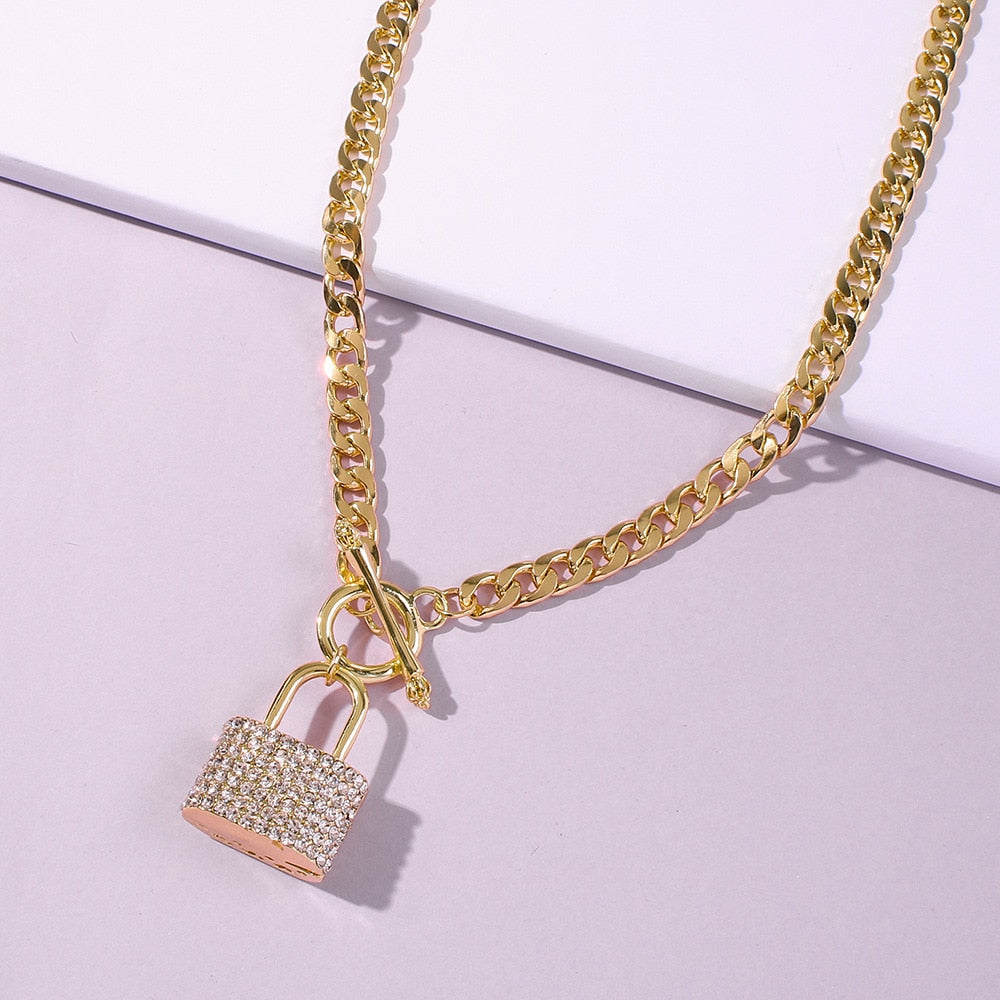 Shiny Crystal Lock Pendant Necklace Jewelry For Women Men