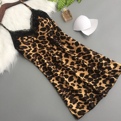 Women Sexy Underwear Lace Leopard Nightdress Bodycon Dress Ice Silk Sleepwear Sexy Lingerie Nightgown Homewear Animal Pattern