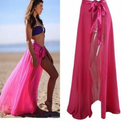 Beach Bikini Cover Ups Wrap Mesh Skirt Women Solid Lace Up Split Maxi Skirts Bathing Suit