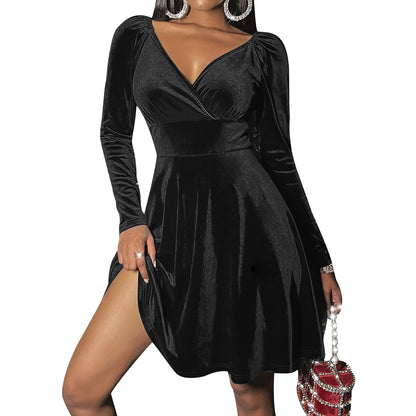 Retro Sexy Elegant High Waist Velvet A-Line Dress Women Long Sleeve V Neck Slim Mini Dress Autumn Winter Evening Party Dress