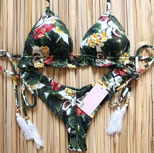 Sexy Floral Print Bikinis Striped Patchwork Swimsuit Women Bandage Bikini Set