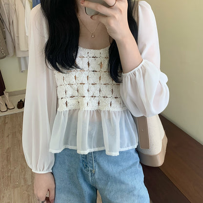 Women Blouses Shirts Patchwork Hollow Out Long Sleeve Female Spring Autumn Tops Elegant Korean Short Style Fashion Ulzzang Retro