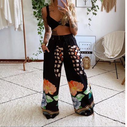 2022 Summer Women Fashion 2 Pieces Set Boho Print Sexy Sleeveless Crop Top Loose Wide Leg Pants Suits Female Clothing