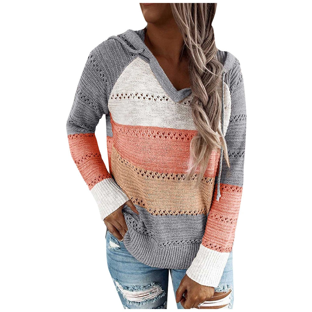 V-Neck Long Sleeves Hooded Sweater Blouse