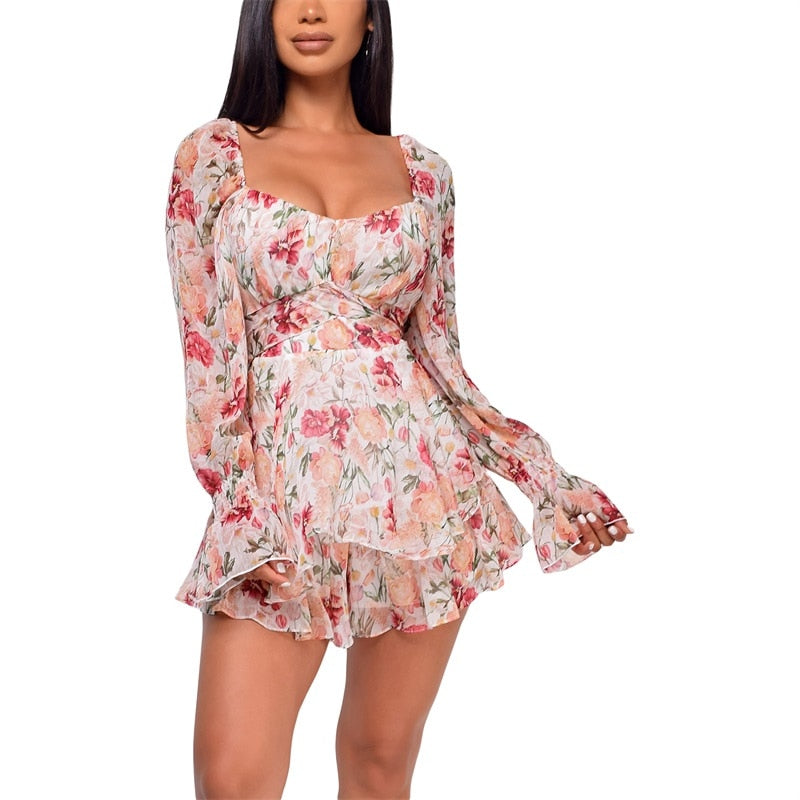 Women’s Sexy Square Collar Backless Jumpsuit Fashion Flower Bandage High Waist Long Sleeve Playsuit