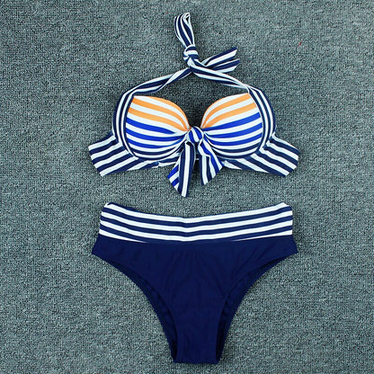 Striped High Waist Plus Size Bikini Swimwear Push Up Swimsuit Swimming Suit For Woman XL