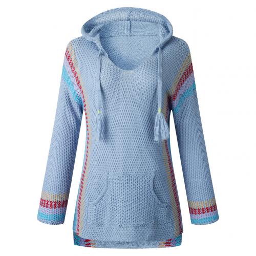 Long Sleeve Stripes Patchwork Hoodie Pocket Knit Sweater