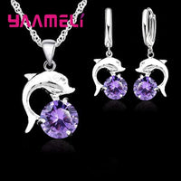 925 Sterling Silver Jewelry Sets for Women Grils Wedding Engagement CZ Diamond Dolphin Pendant Necklace Hoop Earrings