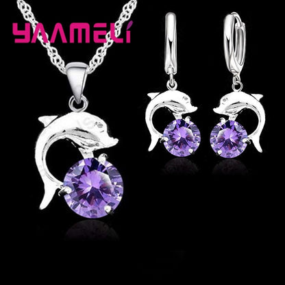 925 Sterling Silver Jewelry Sets for Women Grils Wedding Engagement CZ Diamond Dolphin Pendant Necklace Hoop Earrings