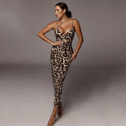 Leopard snake print women strap backless midi dress