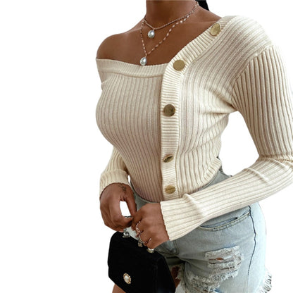 Fashion Button Off Shoulder Knitted Sweater Women